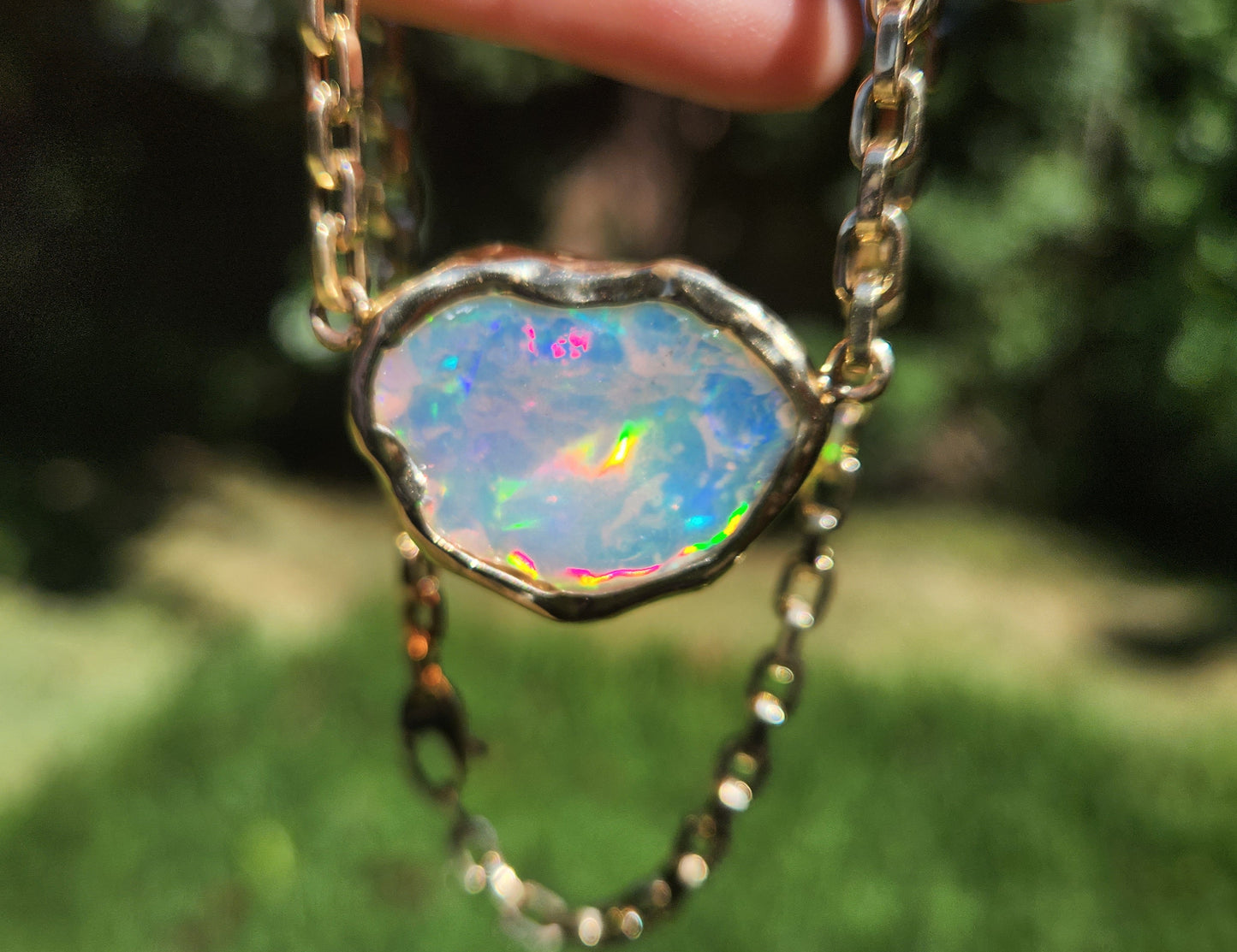 Carved Opal Pendant 14k Gold Split Chain #411