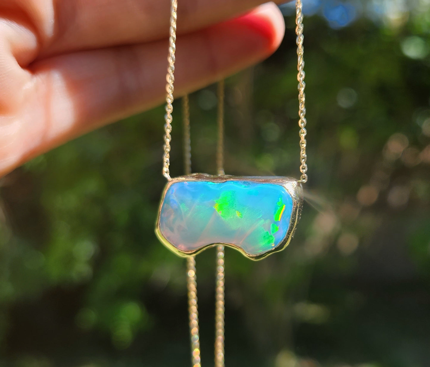 Carved Opal Pendant 14k Gold Split Chain #412