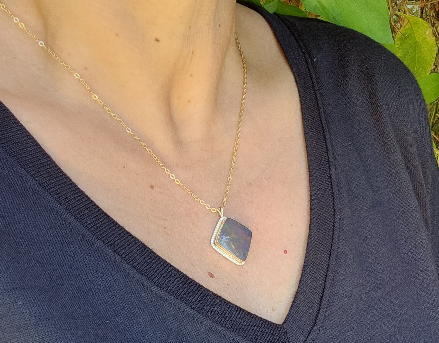 Black Opal & Diamond Pendant 14k Gold Gemstone Necklace #414