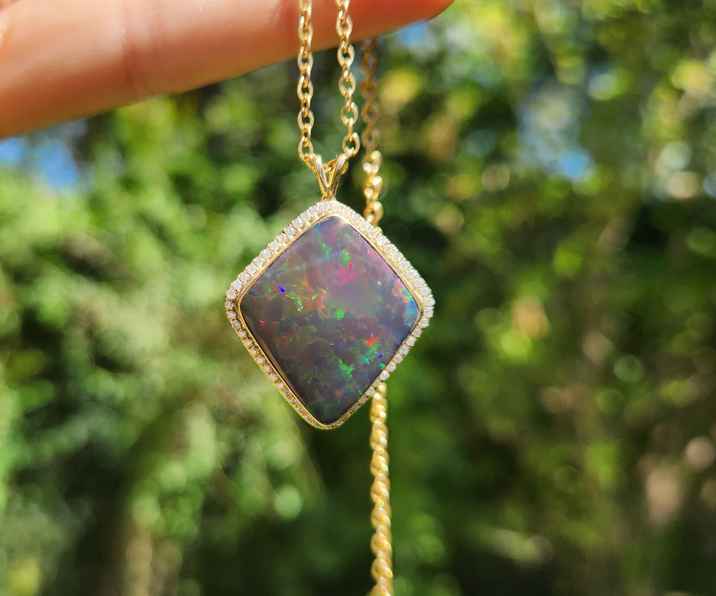 Black Opal & Diamond Pendant 14k Gold Gemstone Necklace #414