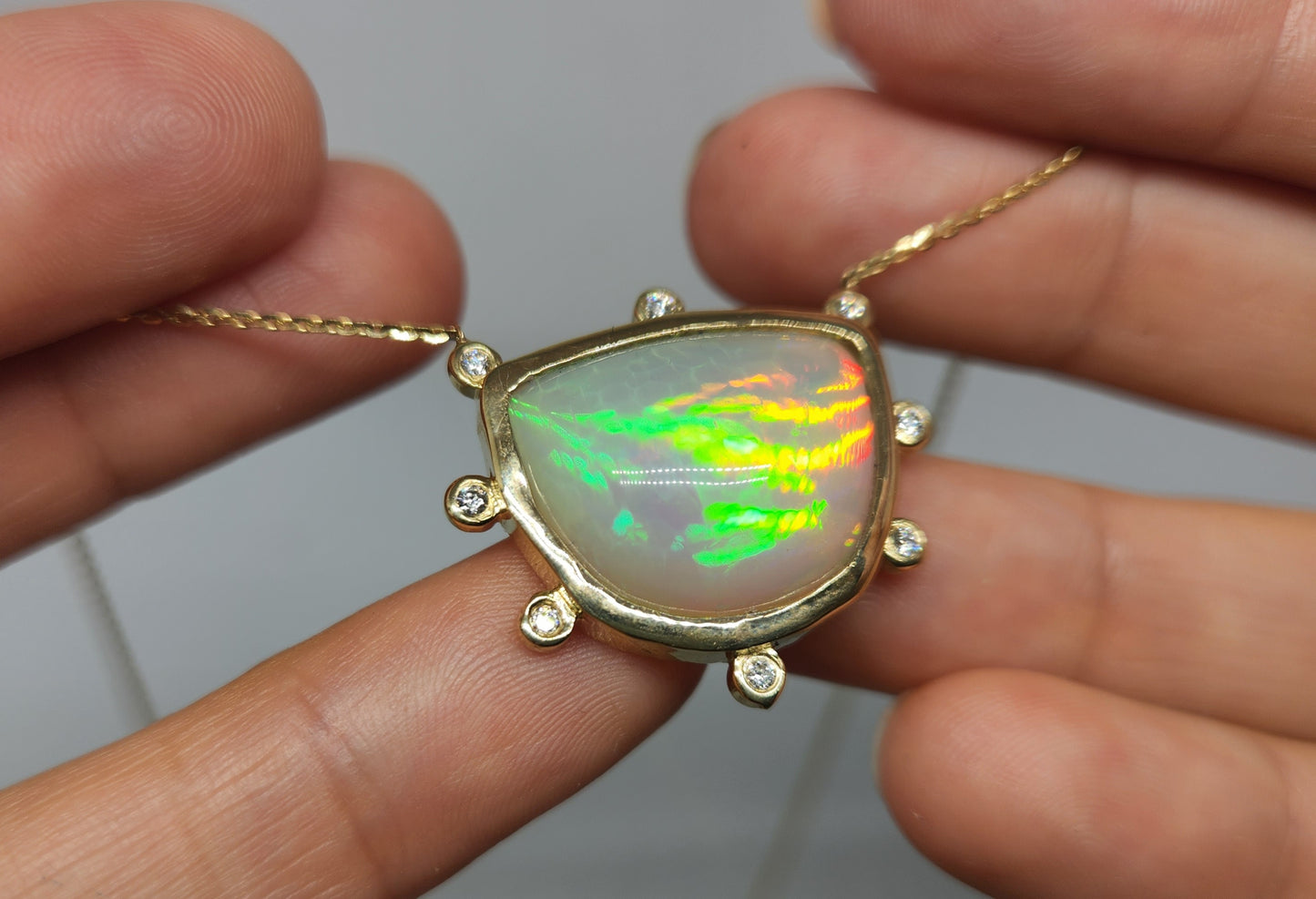 Opal & Diamond 14k Gold Pendant Split Chain Necklace #419