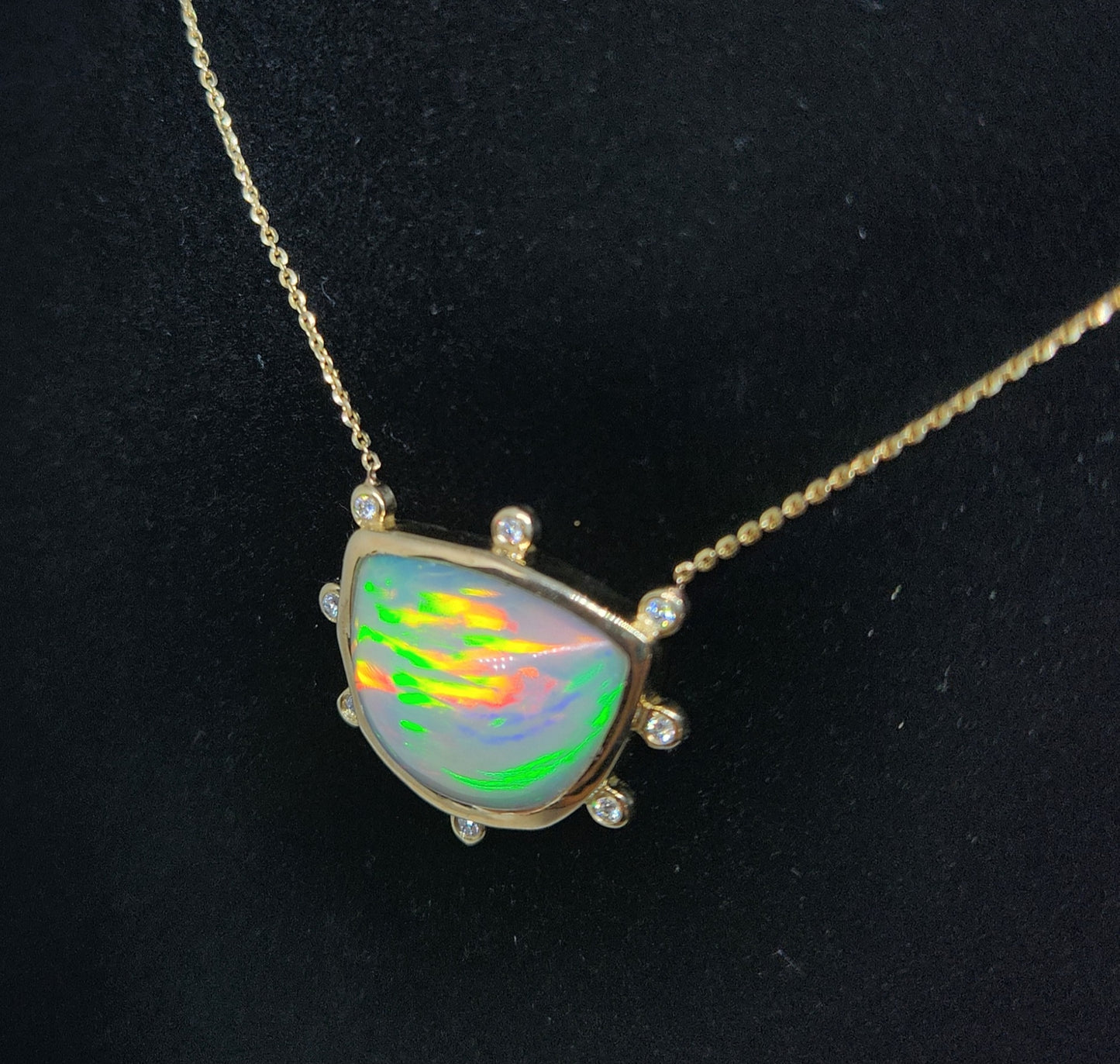 Opal & Diamond 14k Gold Pendant Split Chain Necklace #419