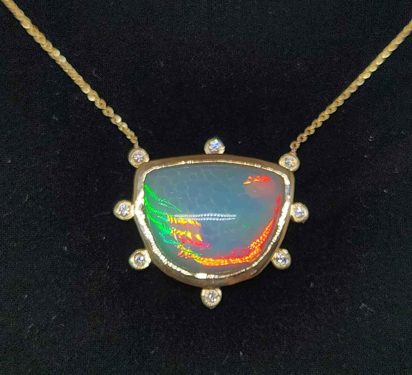 Opal & Diamond 14k Gold Pendant Split Chain Necklace #419