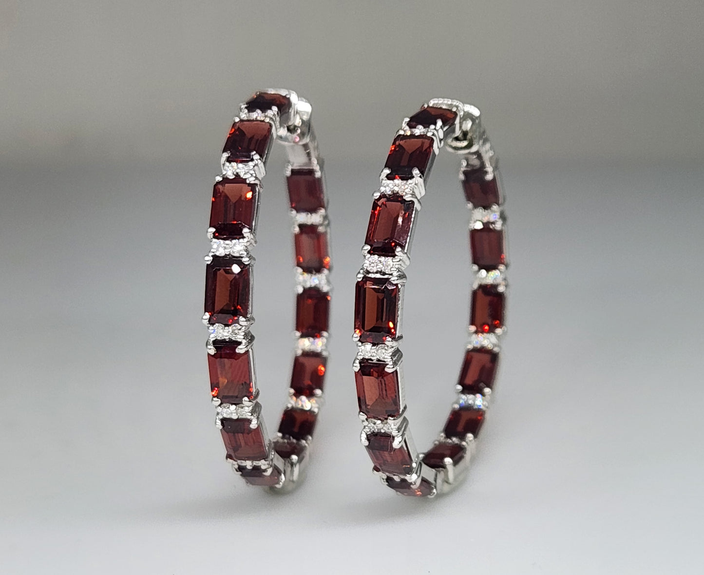 Large Red Garnet Gemstone Hoop Earrings Sterling Silver #429