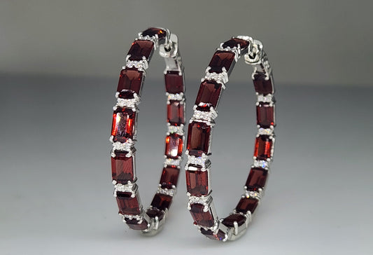 Large Red Garnet Gemstone Hoop Earrings Sterling Silver #429