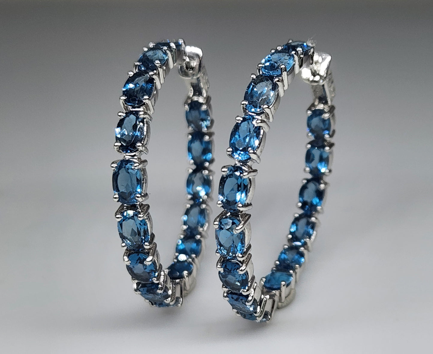 Blue Topaz Gemstone Hoop Earrings Sterling Silver #432