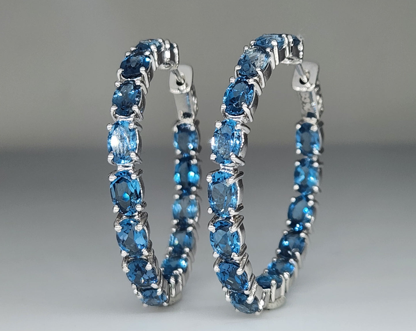 Blue Topaz Gemstone Hoop Earrings Sterling Silver #432