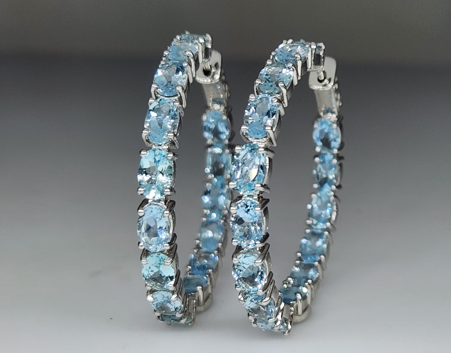Blue Aquamarine Gemstone Hoop Earrings Sterling Silver #434