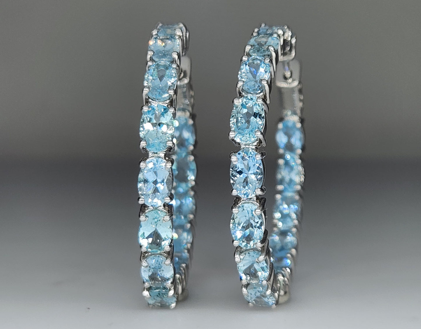 Blue Aquamarine Gemstone Hoop Earrings Sterling Silver #434
