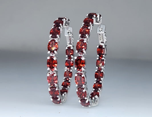 Red Garnet Gemstone Hoop Earrings Sterling Silver #435