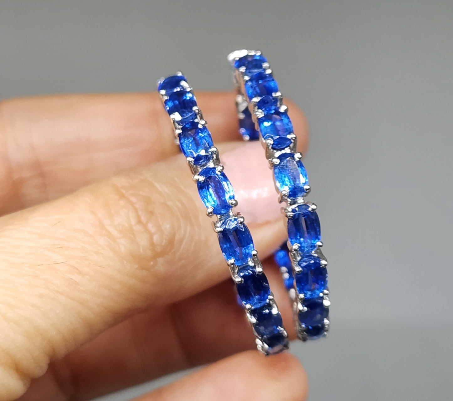 Blue Kyanite Gemstone Hoop Earrings Sterling Silver #436