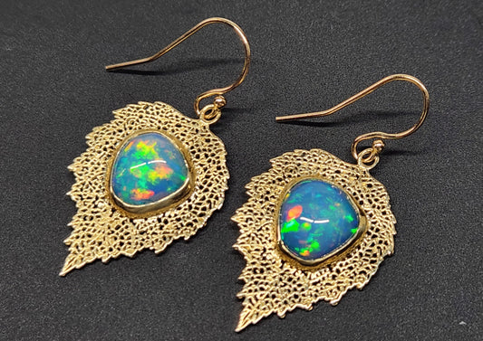 Opal Leaf Earrings 14k Gold #461