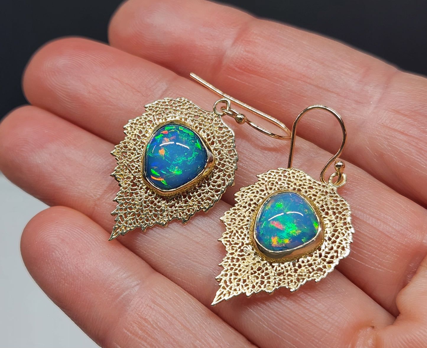 Opal Leaf Earrings 14k Gold #461