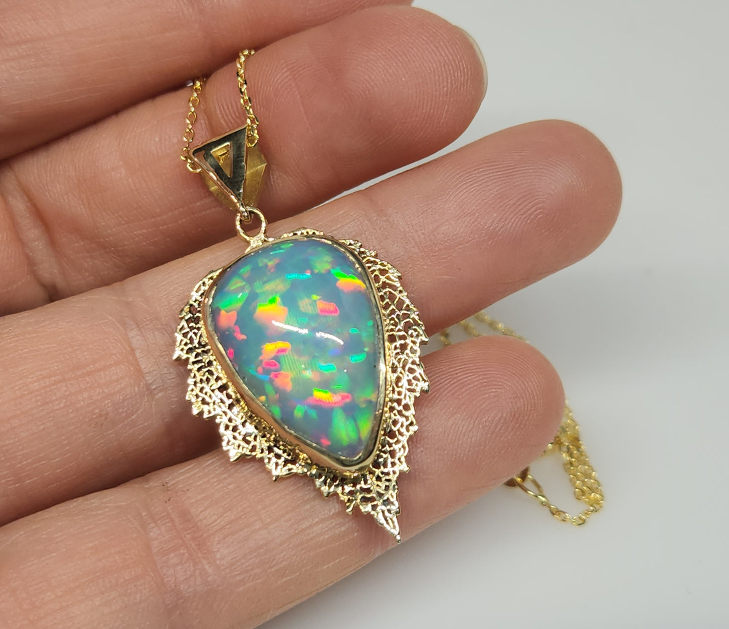 Opal Leaf Pendant 14k Gold Necklace #460
