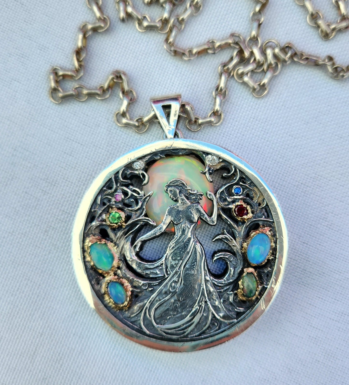 Opal Carved Lady Medallion Pendant Sterling Silver & 14k Gold Pendant #467