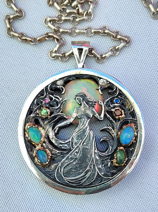 Opal Carved Lady Medallion Pendant Sterling Silver & 14k Gold Pendant #467