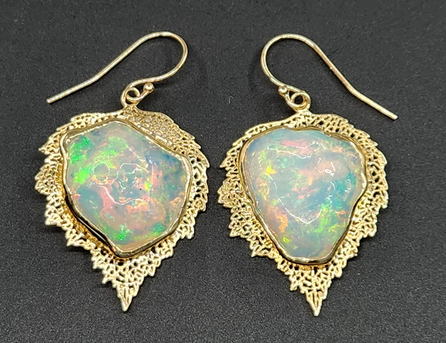 Carved Opal Leaf Earrings 14k Gold #462