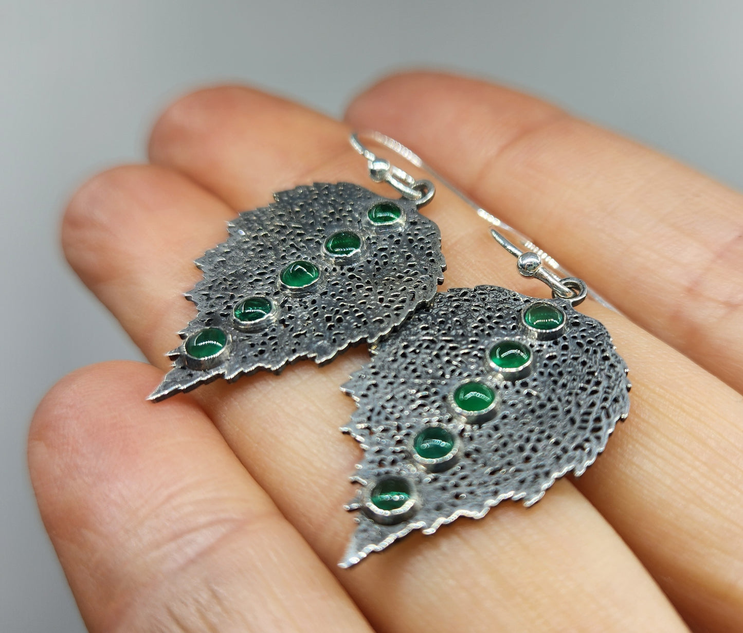 Emerald Leaf Earrings Sterling Silver Gemstone Jewelry #464