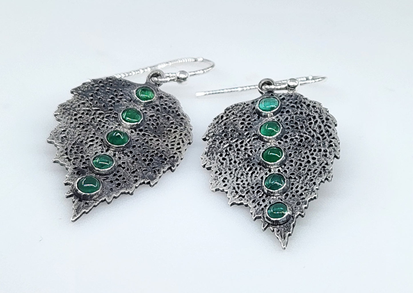 Emerald Leaf Earrings Sterling Silver Gemstone Jewelry #464