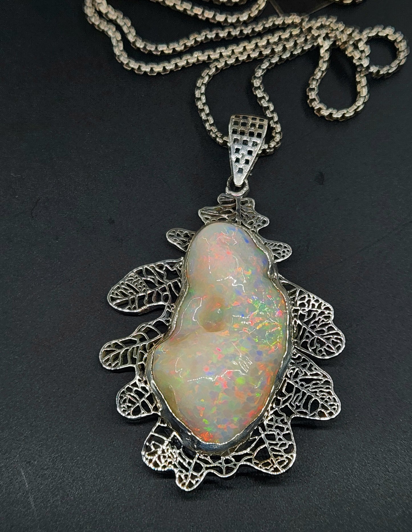 Opal Oak Leaf Pendant 14k Gold Necklace #466
