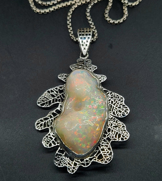 Opal Oak Leaf Pendant 14k Gold Necklace #466