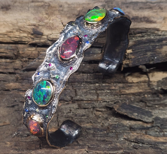Rustic Silver & Gold Opal Gemstone Cuff Bracelet #586