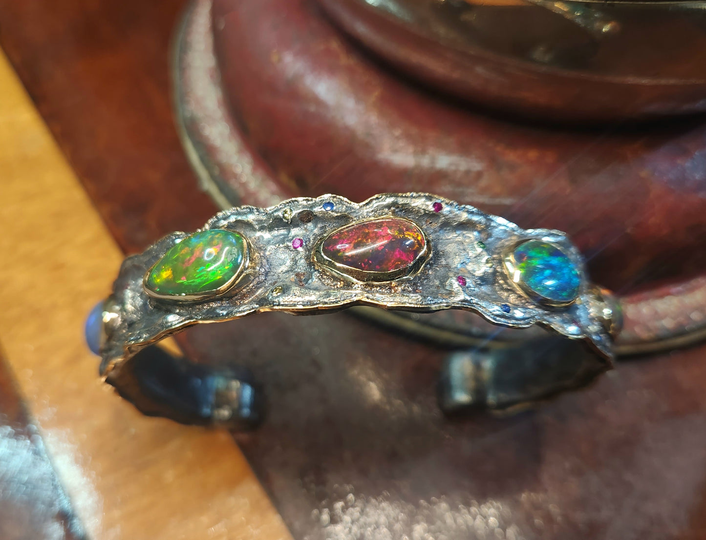 Rustic Silver & Gold Opal Gemstone Cuff Bracelet #586