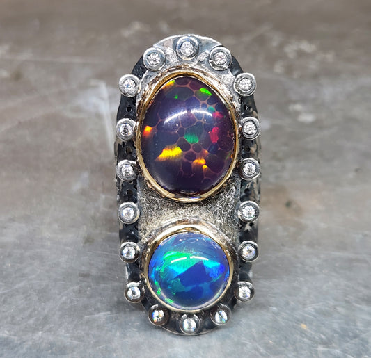 Opal & Moissanite Rustic Sterling Silver & Gold Ring #590