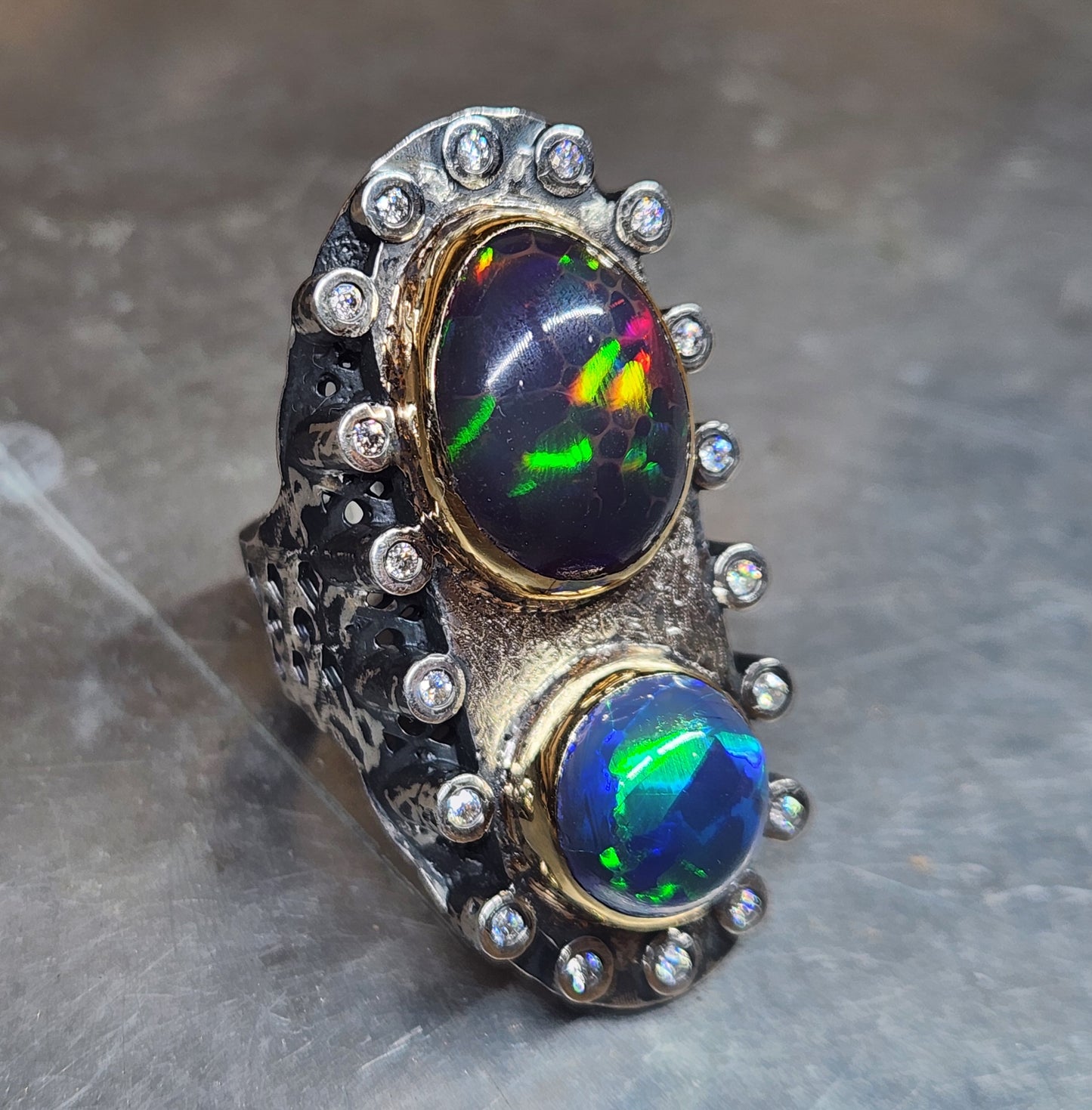 Opal & Moissanite Rustic Sterling Silver & Gold Ring #590