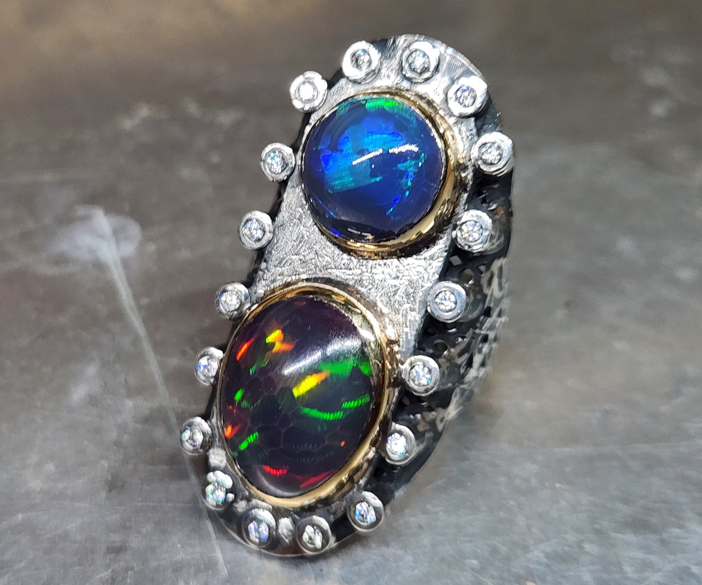 Opal & Moissanite Rustic Sterling Silver & Gold Ring #590