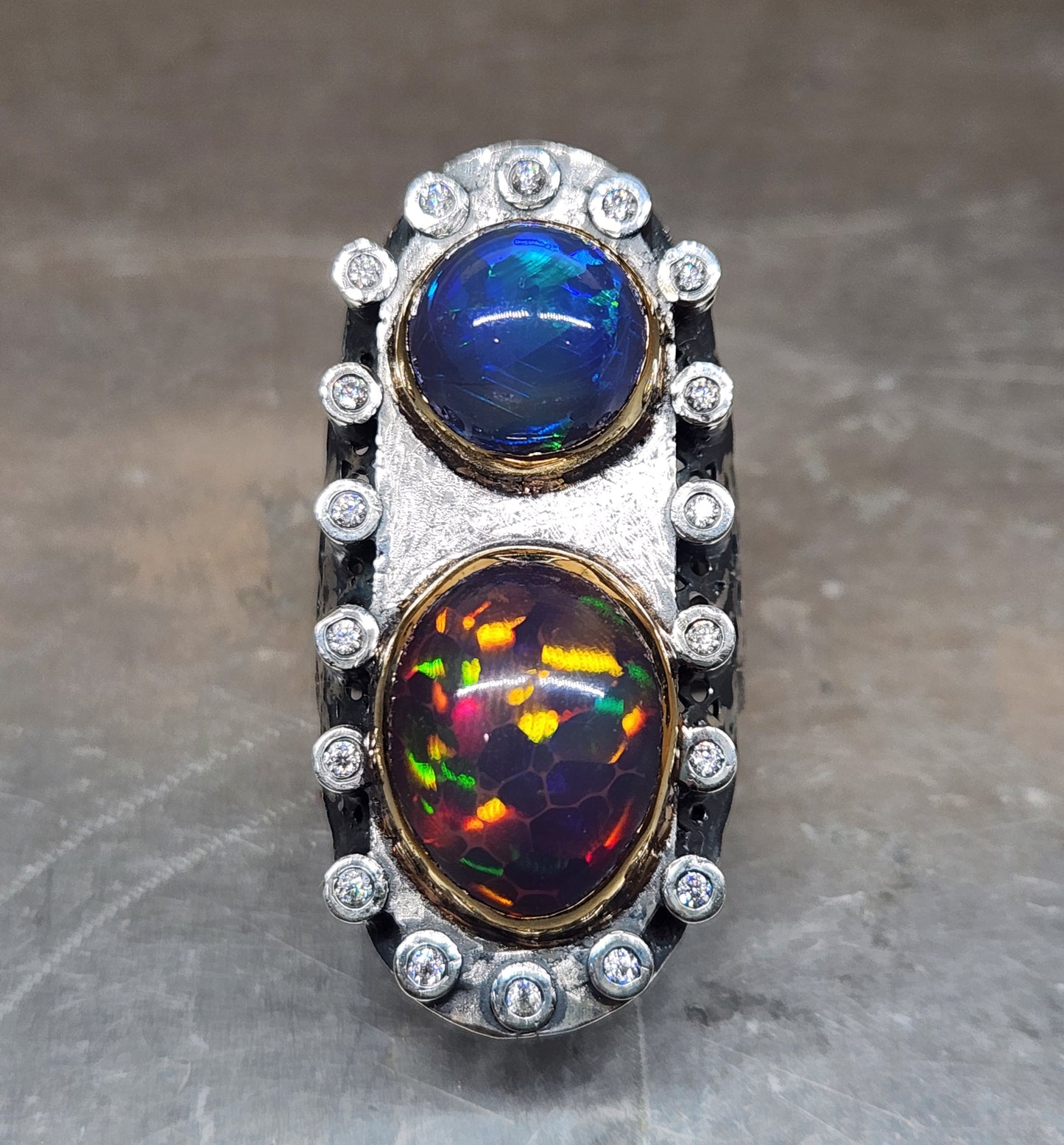 Opal & Moissanite Rustic Sterling Silver & Gold Ring #590