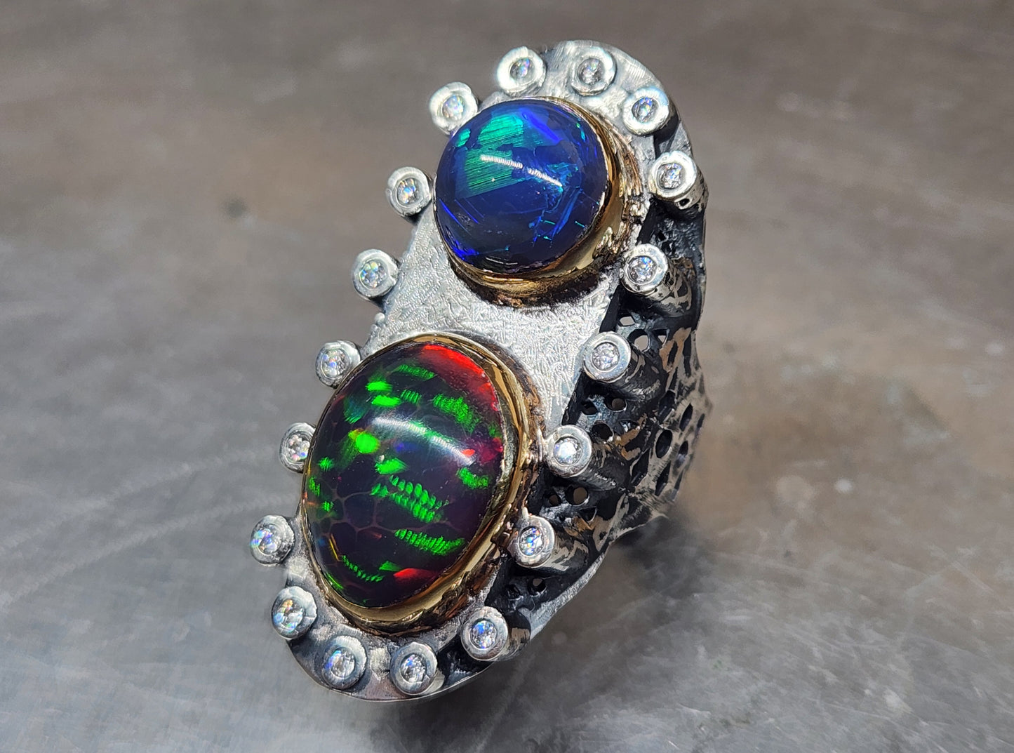Opal & Moissanite Rustic Sterling Silver & Gold Ring #590