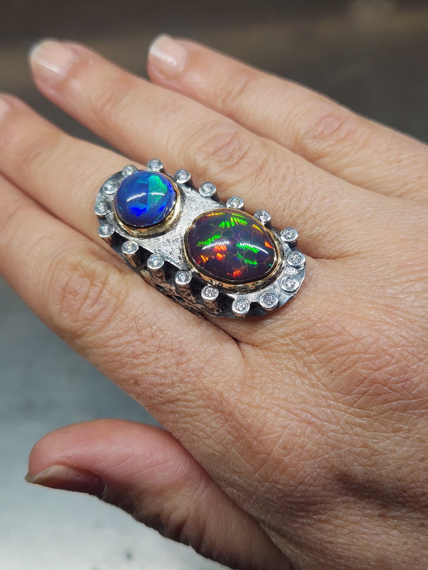 Opal & Moissanite Rustic Sterling Silver & Gold Ring #590