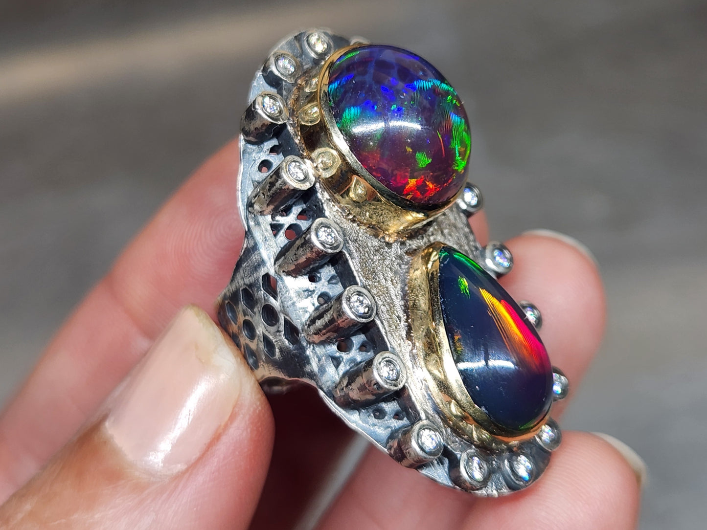 Opal & Moissanite Rustic Sterling Silver & Gold Ring #591