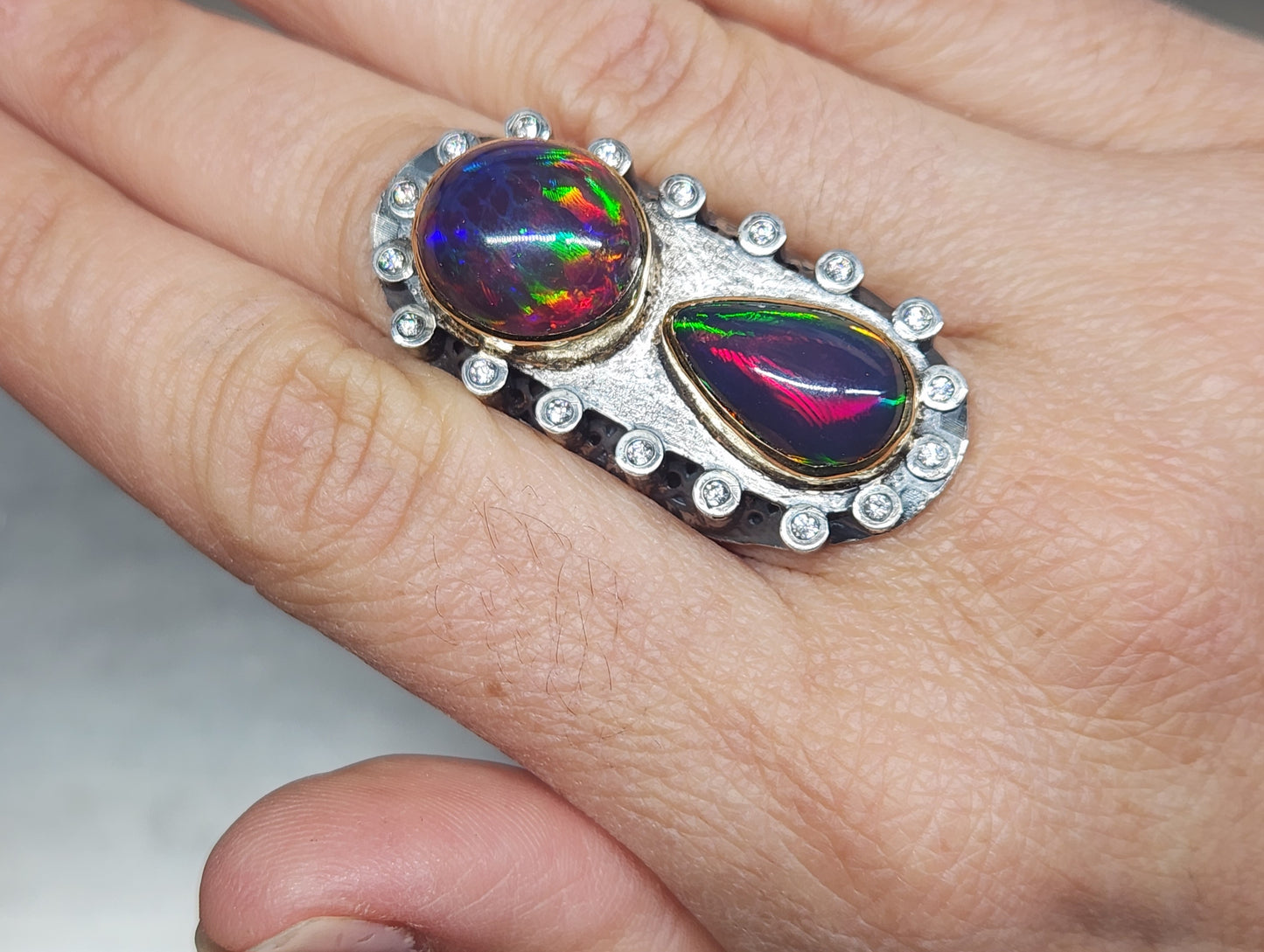 Opal & Moissanite Rustic Sterling Silver & Gold Ring #591