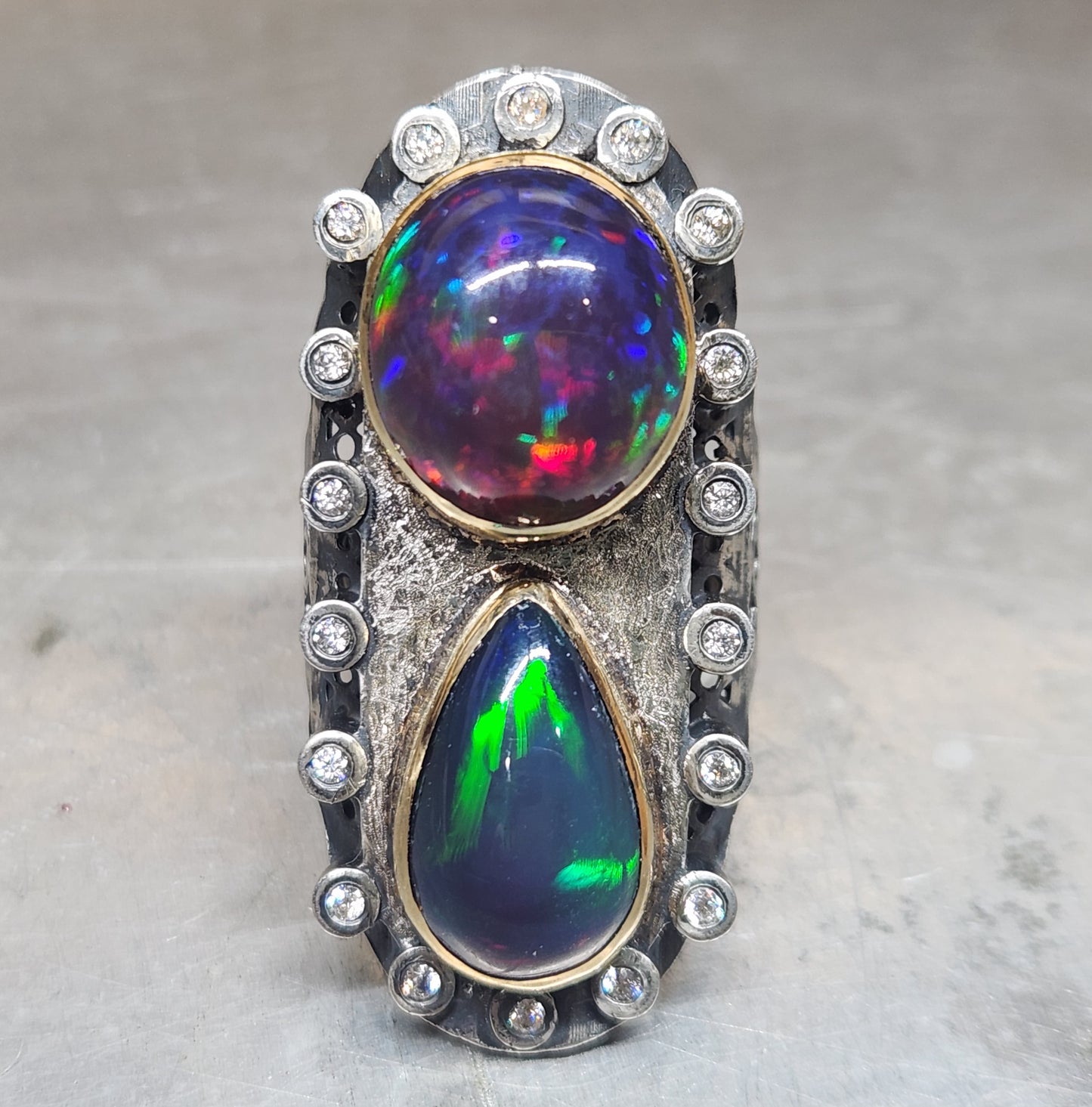 Opal & Moissanite Rustic Sterling Silver & Gold Ring #591