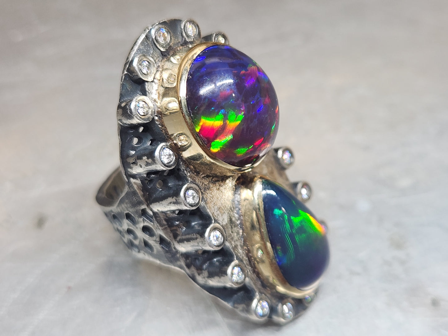 Opal & Moissanite Rustic Sterling Silver & Gold Ring #591