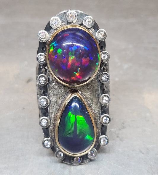 Opal & Moissanite Rustic Sterling Silver & Gold Ring #591