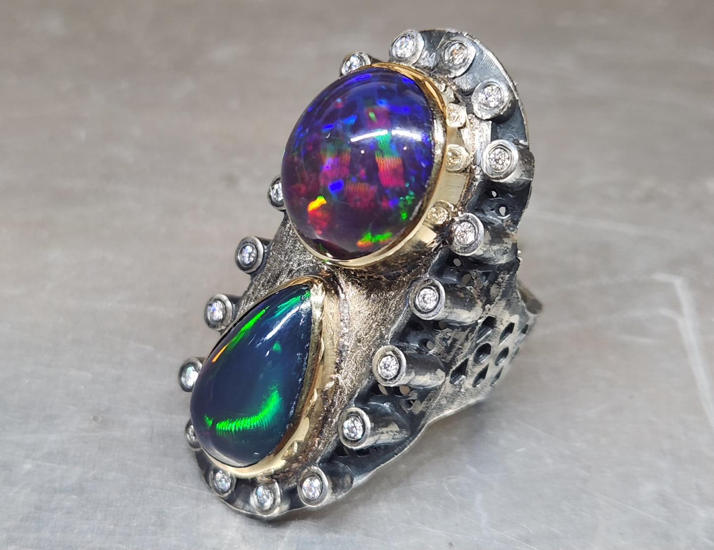 Opal & Moissanite Rustic Sterling Silver & Gold Ring #591