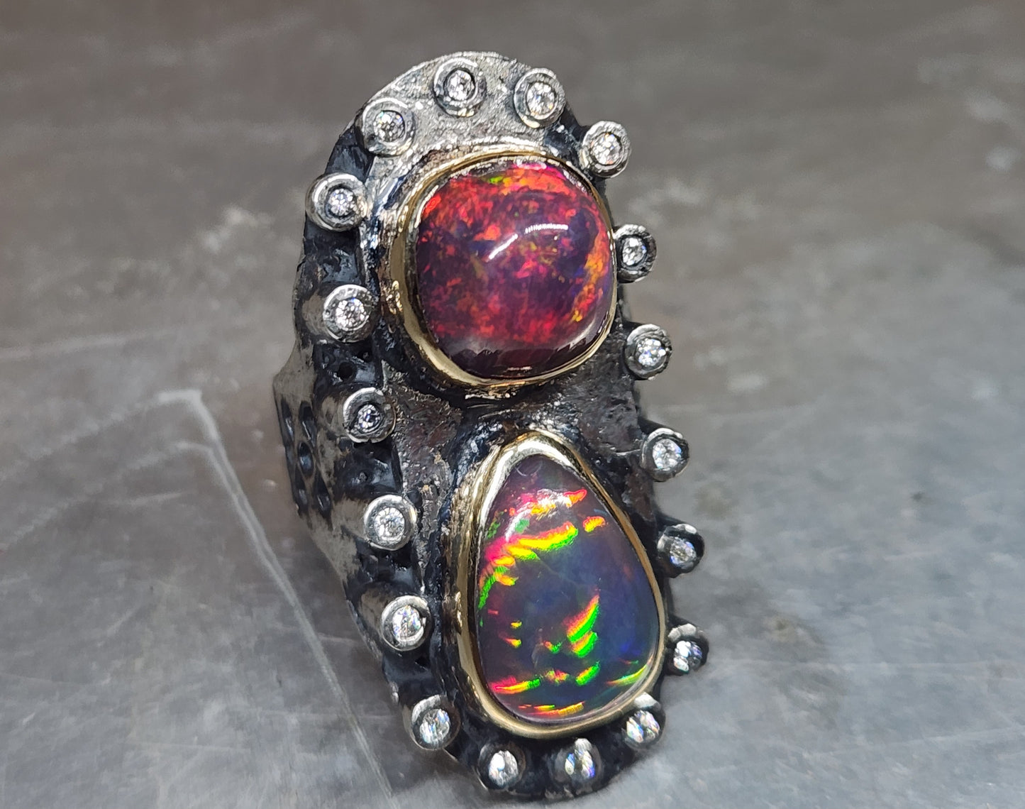 Opal & Moissanite Rustic Sterling Silver & Gold Ring #592