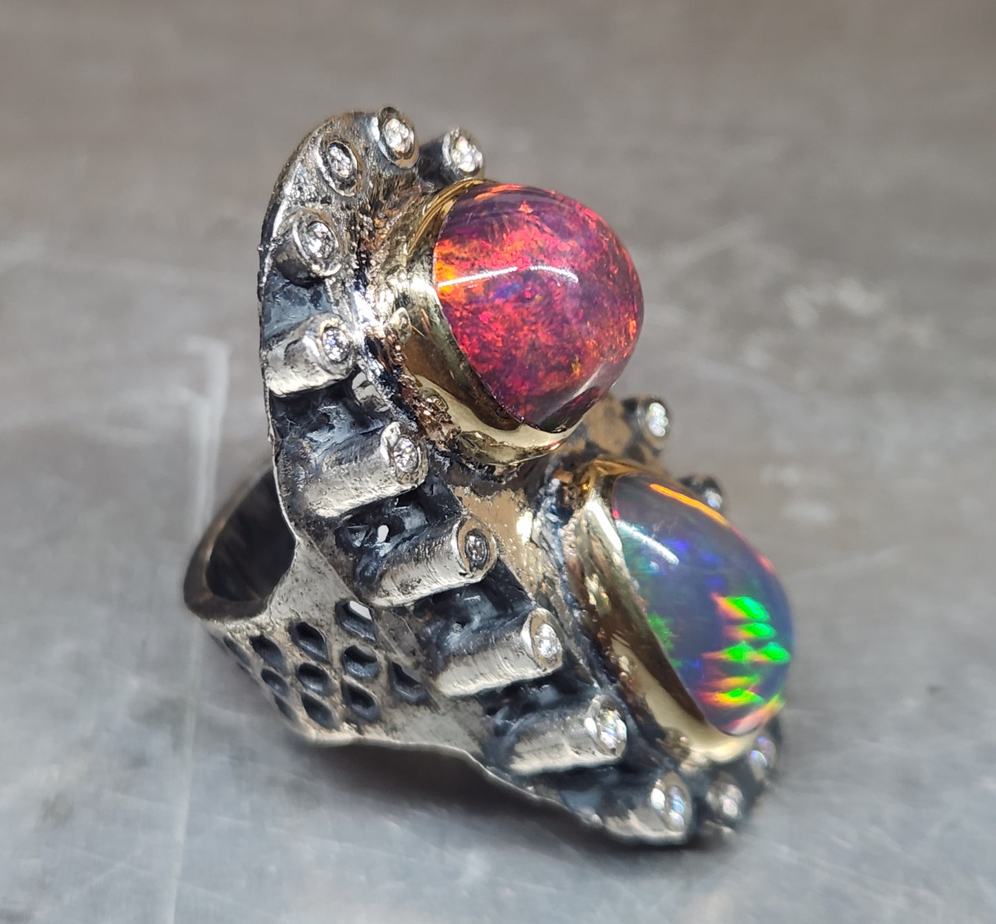 Opal & Moissanite Rustic Sterling Silver & Gold Ring #592