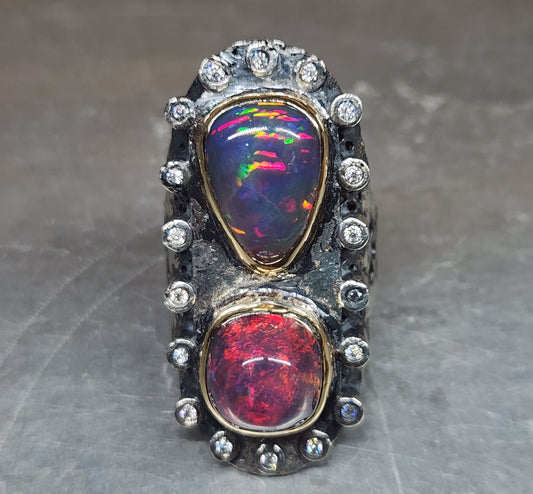 Opal & Moissanite Rustic Sterling Silver & Gold Ring #592