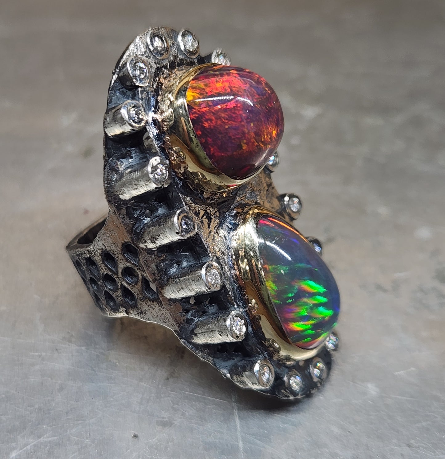 Opal & Moissanite Rustic Sterling Silver & Gold Ring #592