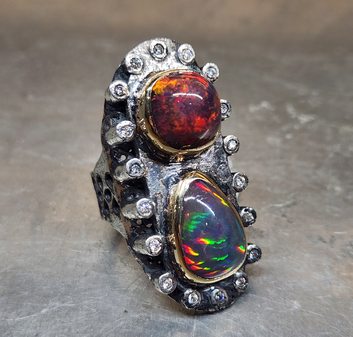 Opal & Moissanite Rustic Sterling Silver & Gold Ring #592