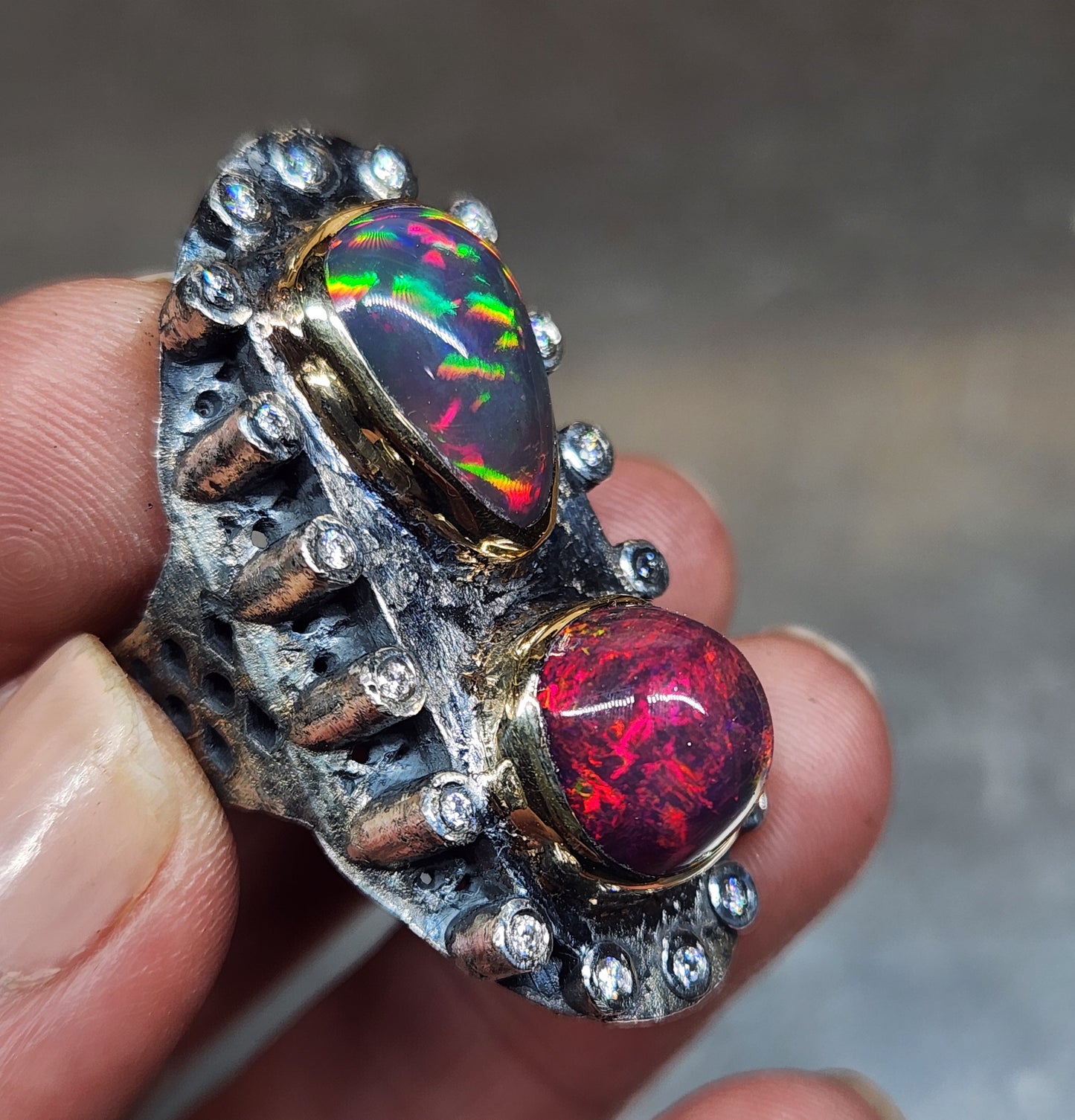 Opal & Moissanite Rustic Sterling Silver & Gold Ring #592