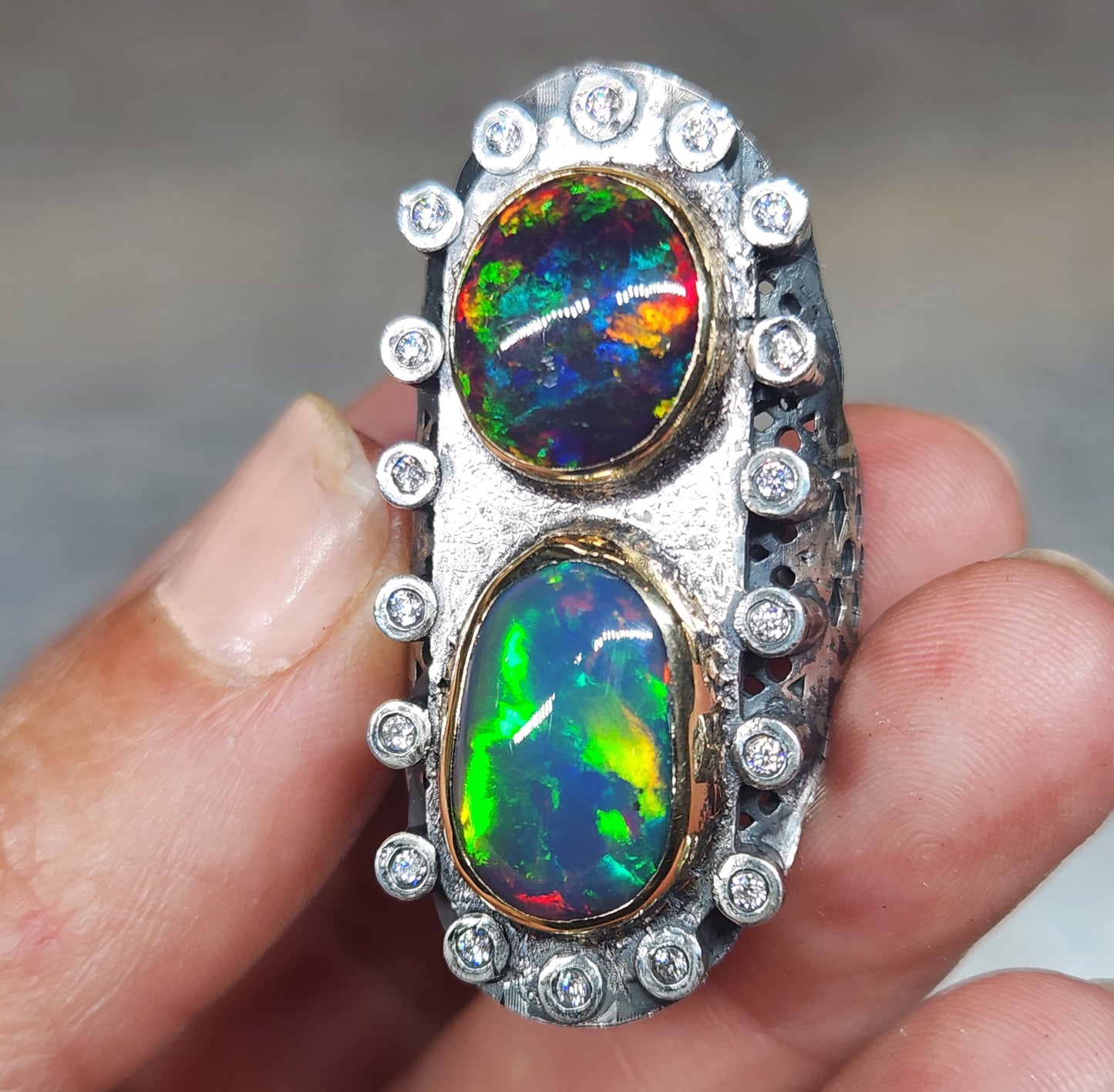 Opal & Moissanite Rustic Sterling Silver & Gold Ring #593