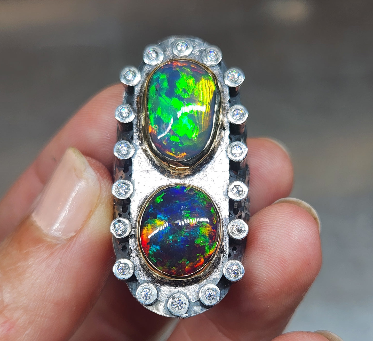 Opal & Moissanite Rustic Sterling Silver & Gold Ring #593