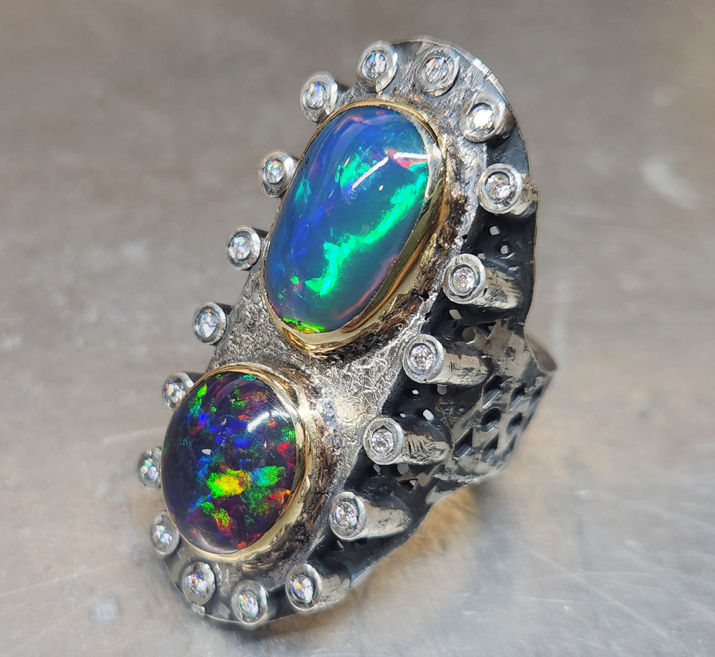 Opal & Moissanite Rustic Sterling Silver & Gold Ring #593