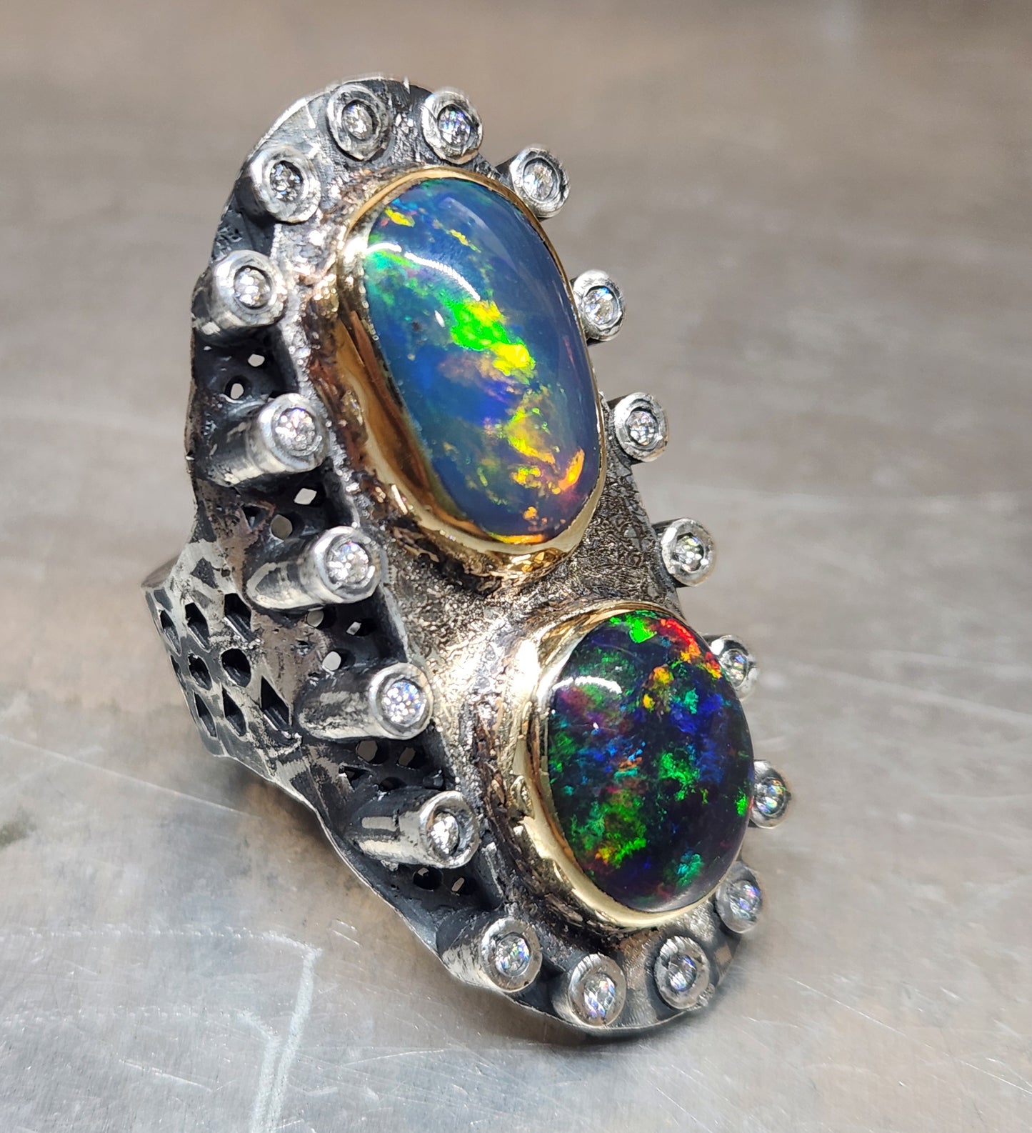 Opal & Moissanite Rustic Sterling Silver & Gold Ring #593