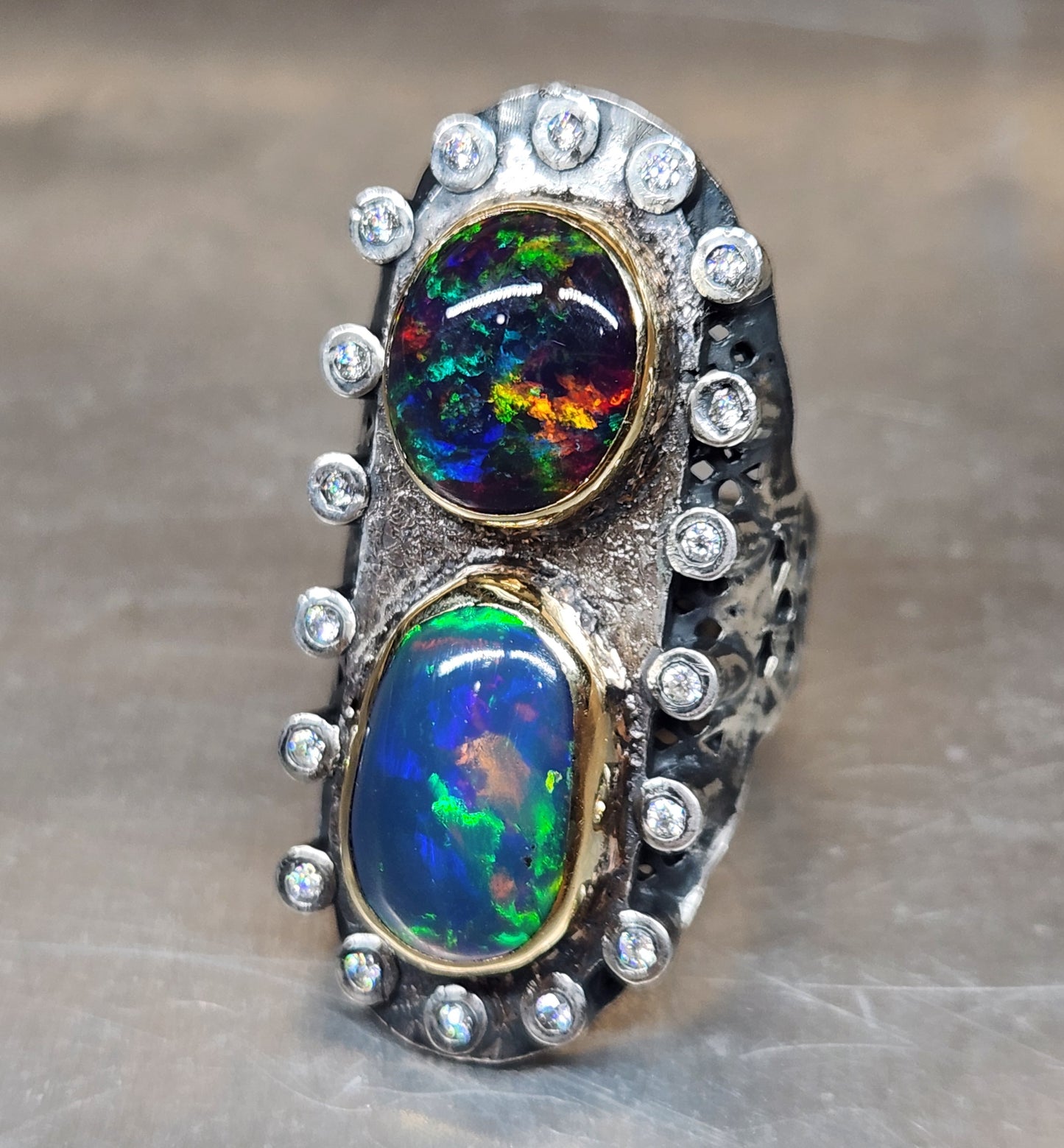 Opal & Moissanite Rustic Sterling Silver & Gold Ring #593